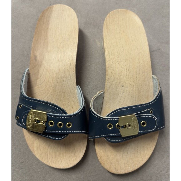 Vtg 80s Dr Scholl Wooden Exercise Sandal Clog Made in Austria Blue Women 5 NWOB - Picture 1 of 8